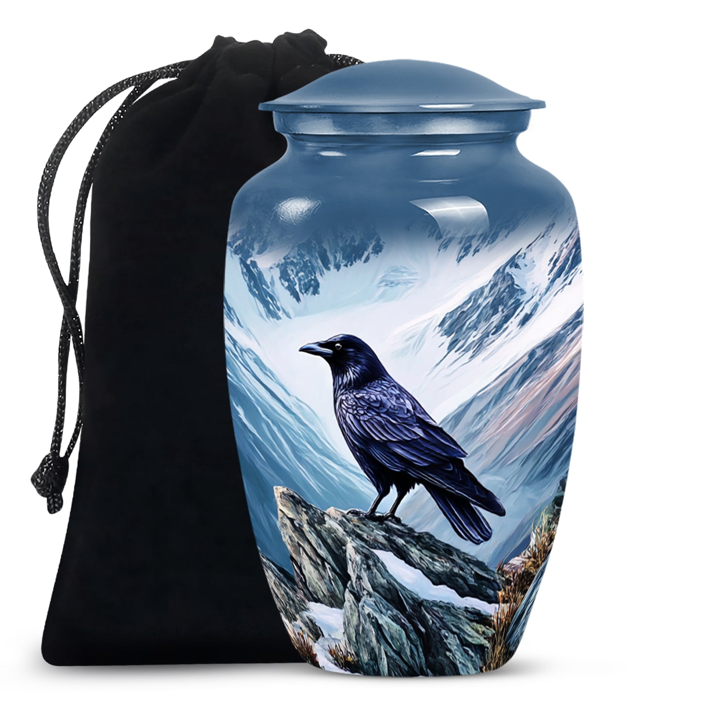 Royal Blue Crow Cremation Urn angled view of lid and engraved motif - elegant classic crow relief with fine detailing - full-size 10 inch 200 cubic inch adult cremation urn