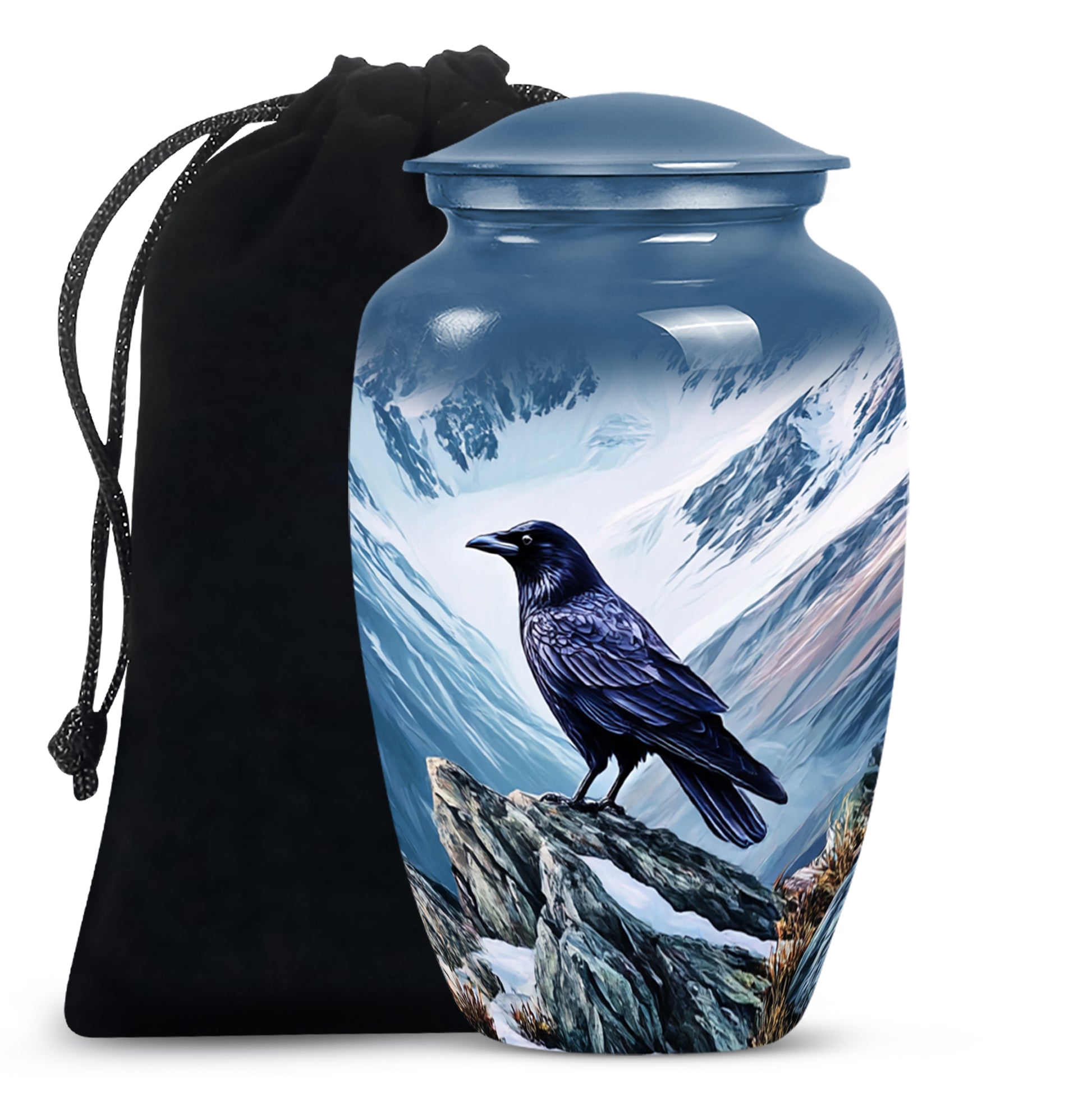Royal Blue Crow Cremation Urn angled view of lid and engraved motif - elegant classic crow relief with fine detailing - full-size 10 inch 200 cubic inch adult cremation urn