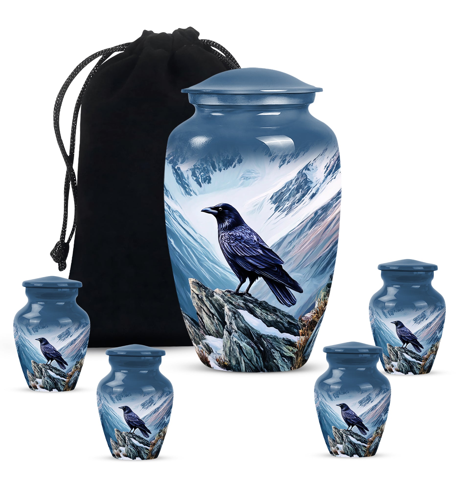 Cobalt Blue Crow Cremation Urn top-down view of secure threaded lid - elegant classic crow relief with fine detailing - memorial set with one large and four small urns