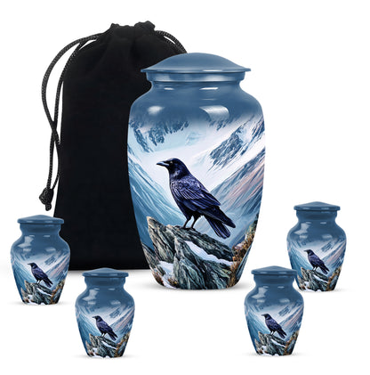 Cobalt Blue Crow Cremation Urn top-down view of secure threaded lid - elegant classic crow relief with fine detailing - memorial set with one large and four small urns