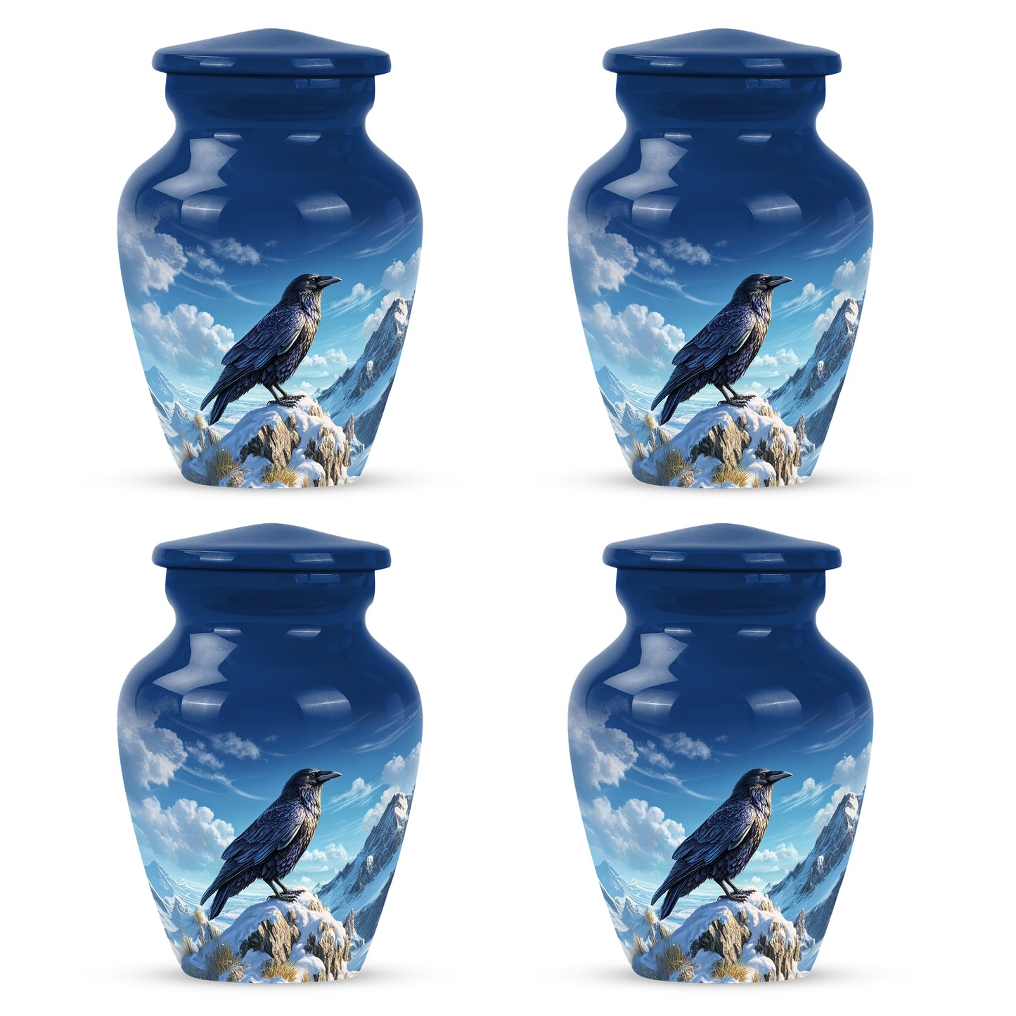 Royal Blue Crow Cremation Urn side profile showing urn shape - elegant classic crow relief with fine detailing - 10 inch aluminum urn for cremated remains