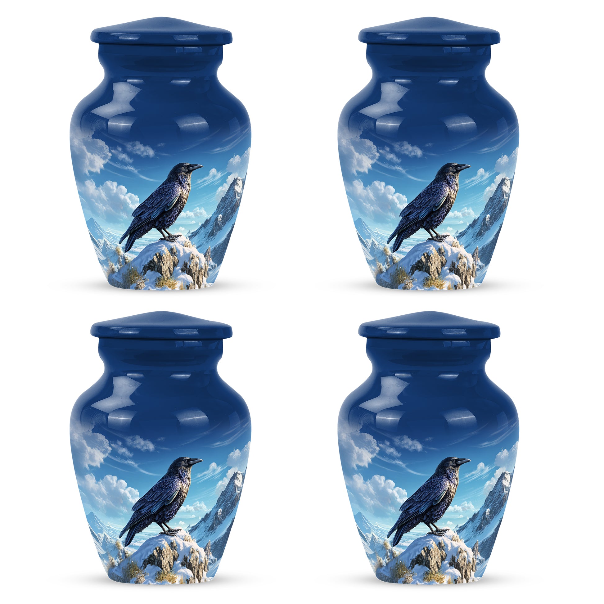 Royal Blue Crow Cremation Urn side profile showing urn shape - elegant classic crow relief with fine detailing - 10 inch aluminum urn for cremated remains