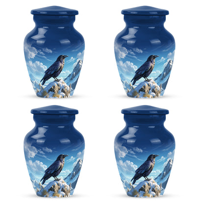 Royal Blue Crow Cremation Urn side profile showing urn shape - elegant classic crow relief with fine detailing - 10 inch aluminum urn for cremated remains