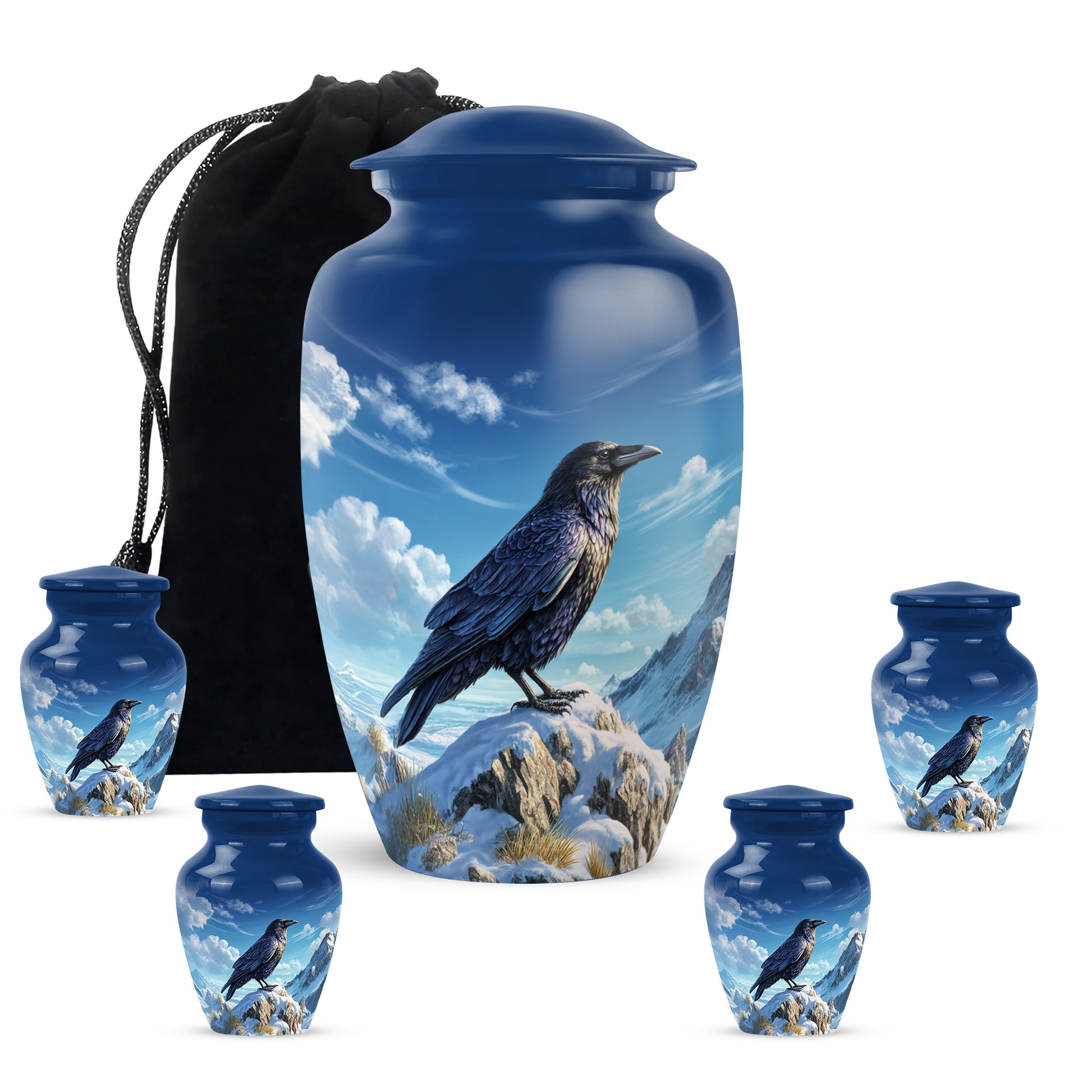 Indigo Crow Cremation Urn top-down view of secure threaded lid - classic sculpted crow pattern on smooth aluminum - memorial set with one large and four small urns