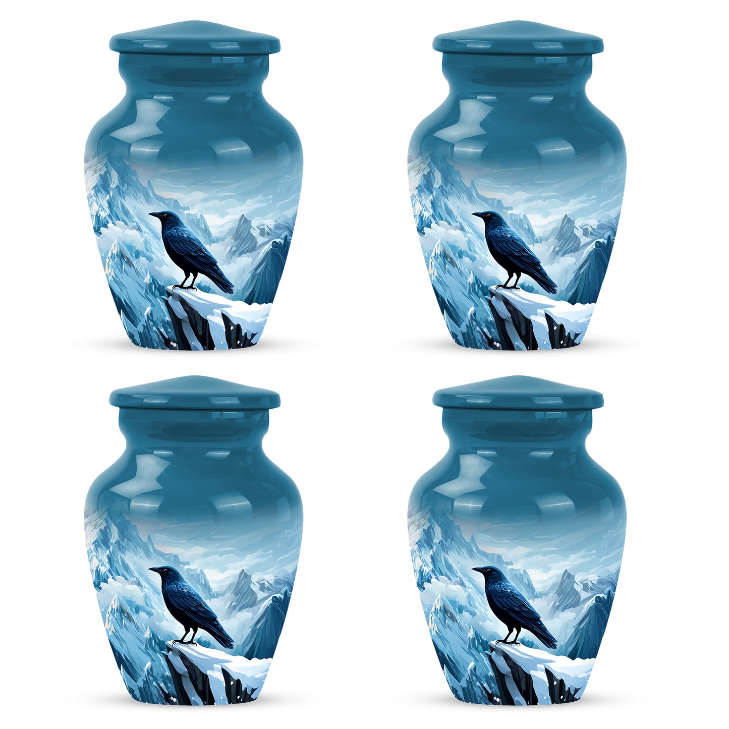 Steel Blue Crow Cremation Urn side profile showing urn shape - elegant classic crow relief with fine detailing - 10 inch aluminum urn for cremated remains