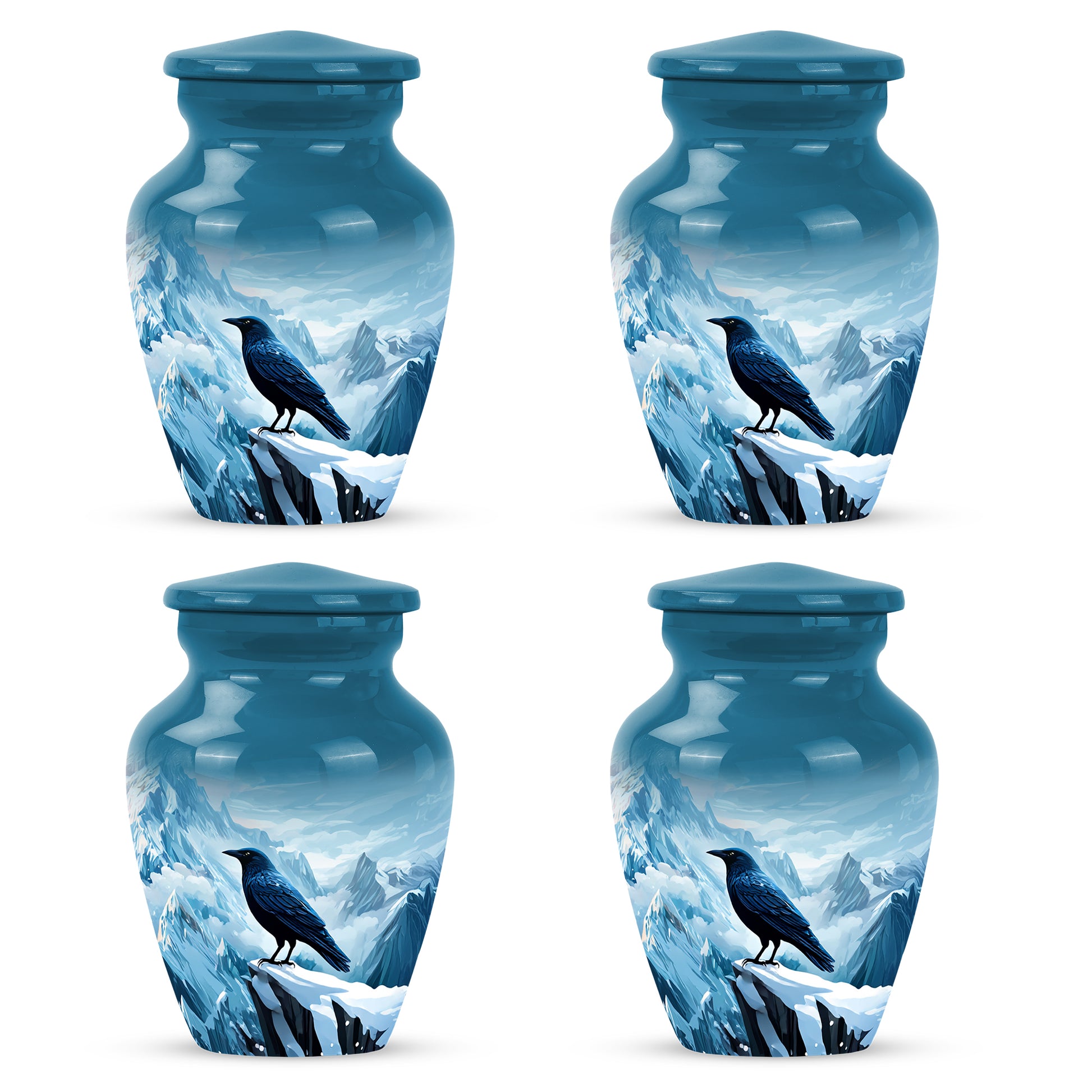 Steel Blue Crow Cremation Urn side profile showing urn shape - elegant classic crow relief with fine detailing - 10 inch aluminum urn for cremated remains