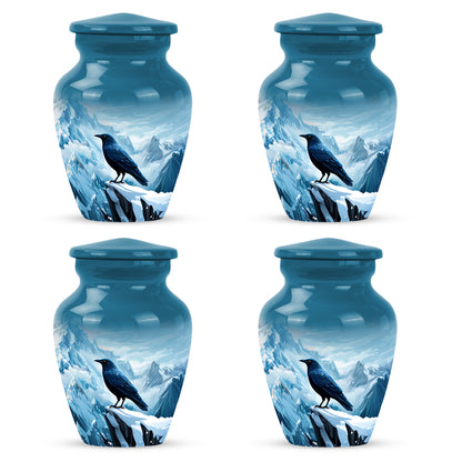 Steel Blue Crow Cremation Urn side profile showing urn shape - elegant classic crow relief with fine detailing - 10 inch aluminum urn for cremated remains