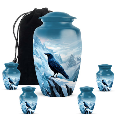 Vivid Blue Crow Cremation Urn top-down view of secure threaded lid - elegant classic crow relief with fine detailing - memorial set with one large and four small urns