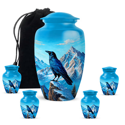 Sapphire Blue Crow Cremation Urn top-down view of secure threaded lid - traditional crow engraving with hand-polished finish - memorial set with one large and four small urns