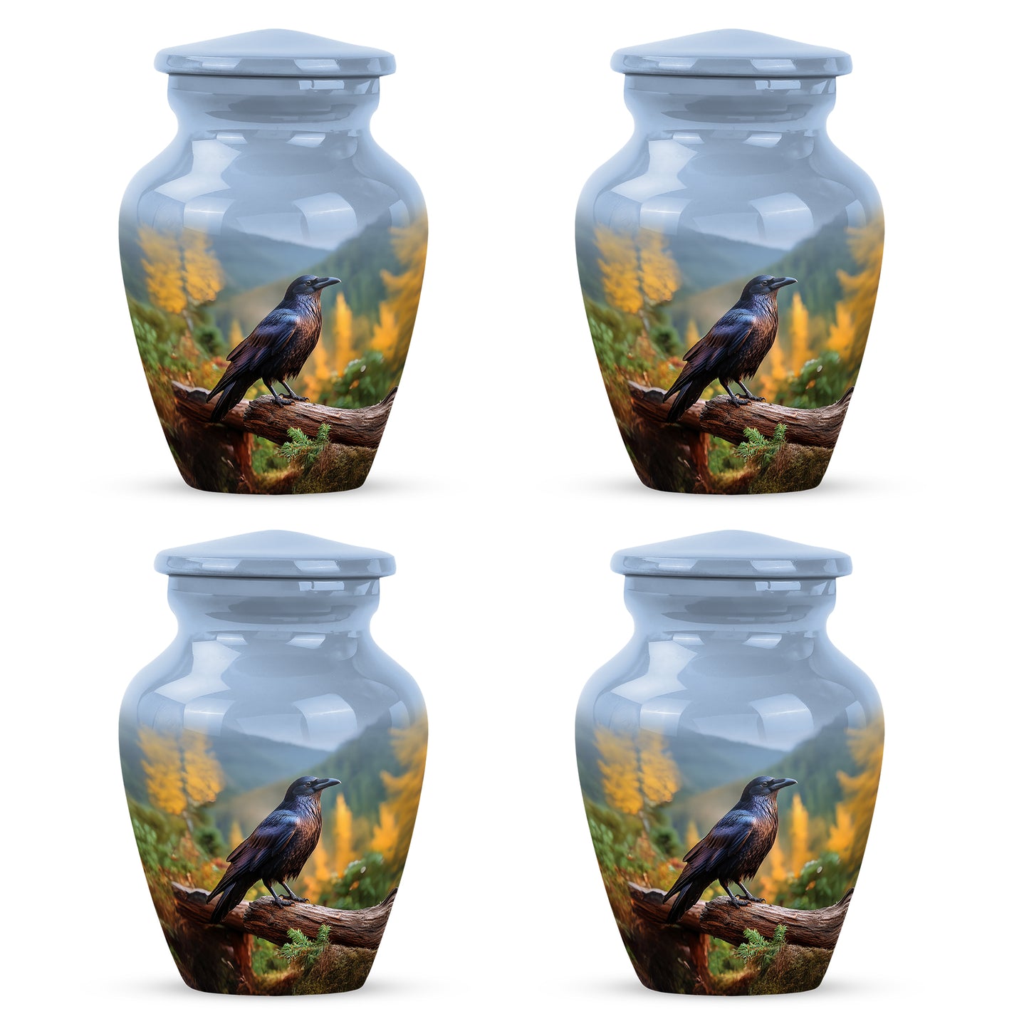 Misty Blue Crow Cremation Urn side profile showing urn shape - classic sculpted crow pattern on smooth aluminum - 10 inch aluminum urn for cremated remains