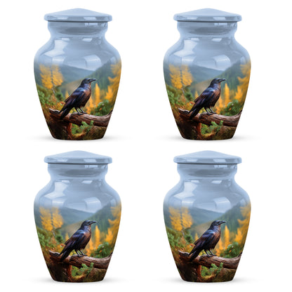 Misty Blue Crow Cremation Urn side profile showing urn shape - classic sculpted crow pattern on smooth aluminum - 10 inch aluminum urn for cremated remains