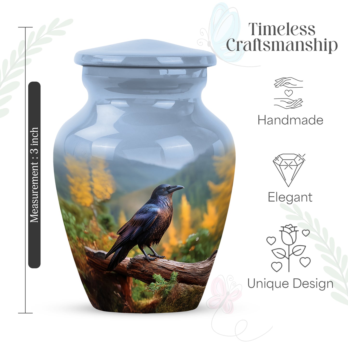 Serene Blue Crow Cremation Urn close-up of engraving and surface detail - elegant classic crow relief with fine detailing - mini keepsake memorial for portion of cremation ashes