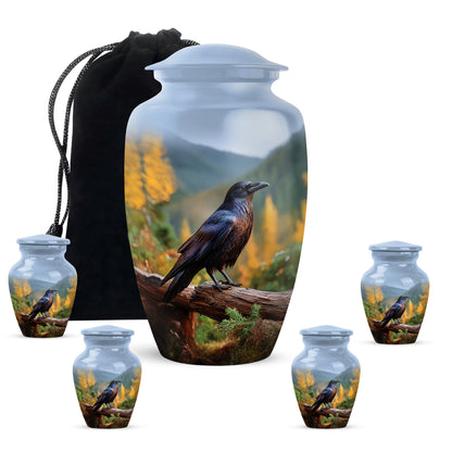 Sapphire Blue Crow Cremation Urn top-down view of secure threaded lid - elegant classic crow relief with fine detailing - memorial set with one large and four small urns