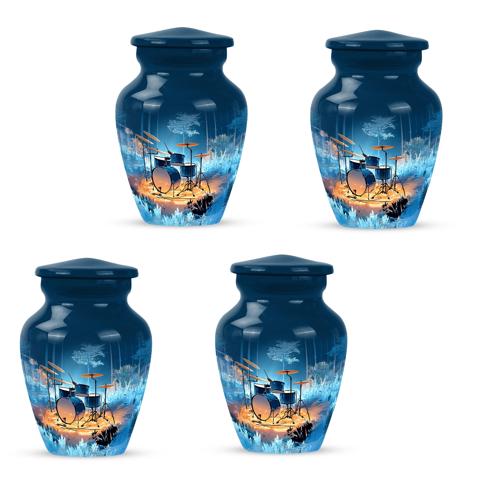 Cornflower Blue Drums Cremation Urn side profile showing urn shape - elegant classic drums relief with fine detailing - 10 inch aluminum urn for cremated remains