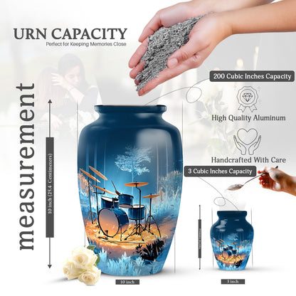 Sky Blue Drums Cremation Urn close-up of engraving and surface detail - classic sculpted drums pattern on smooth aluminum - mini keepsake memorial for portion of cremation ashes