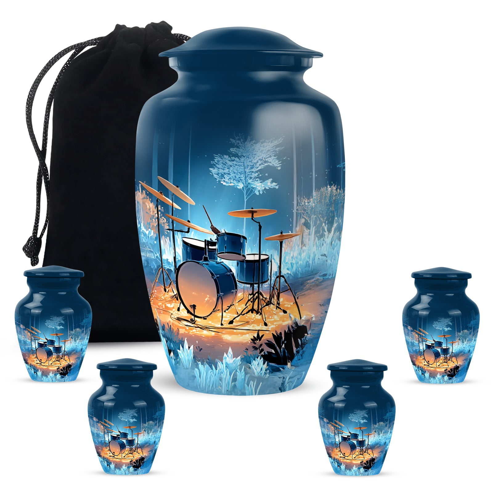 Celestial Blue Drums Cremation Urn top-down view of secure threaded lid - classic sculpted drums pattern on smooth aluminum - memorial set with one large and four small urns
