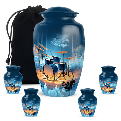 Celestial Blue Drums Cremation Urn top-down view of secure threaded lid - classic sculpted drums pattern on smooth aluminum - memorial set with one large and four small urns
