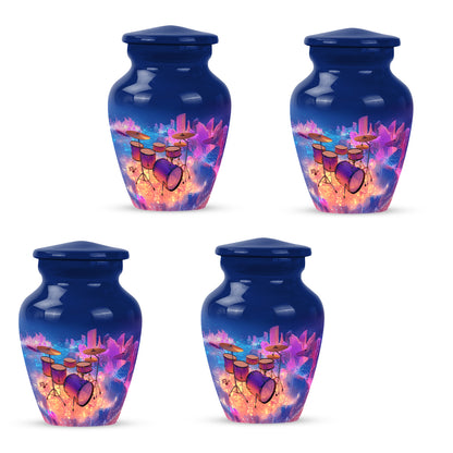 Celestial Blue Drums Cremation Urn side profile showing urn shape - timeless drums motif etched into premium metal - 10 inch aluminum urn for cremated remains