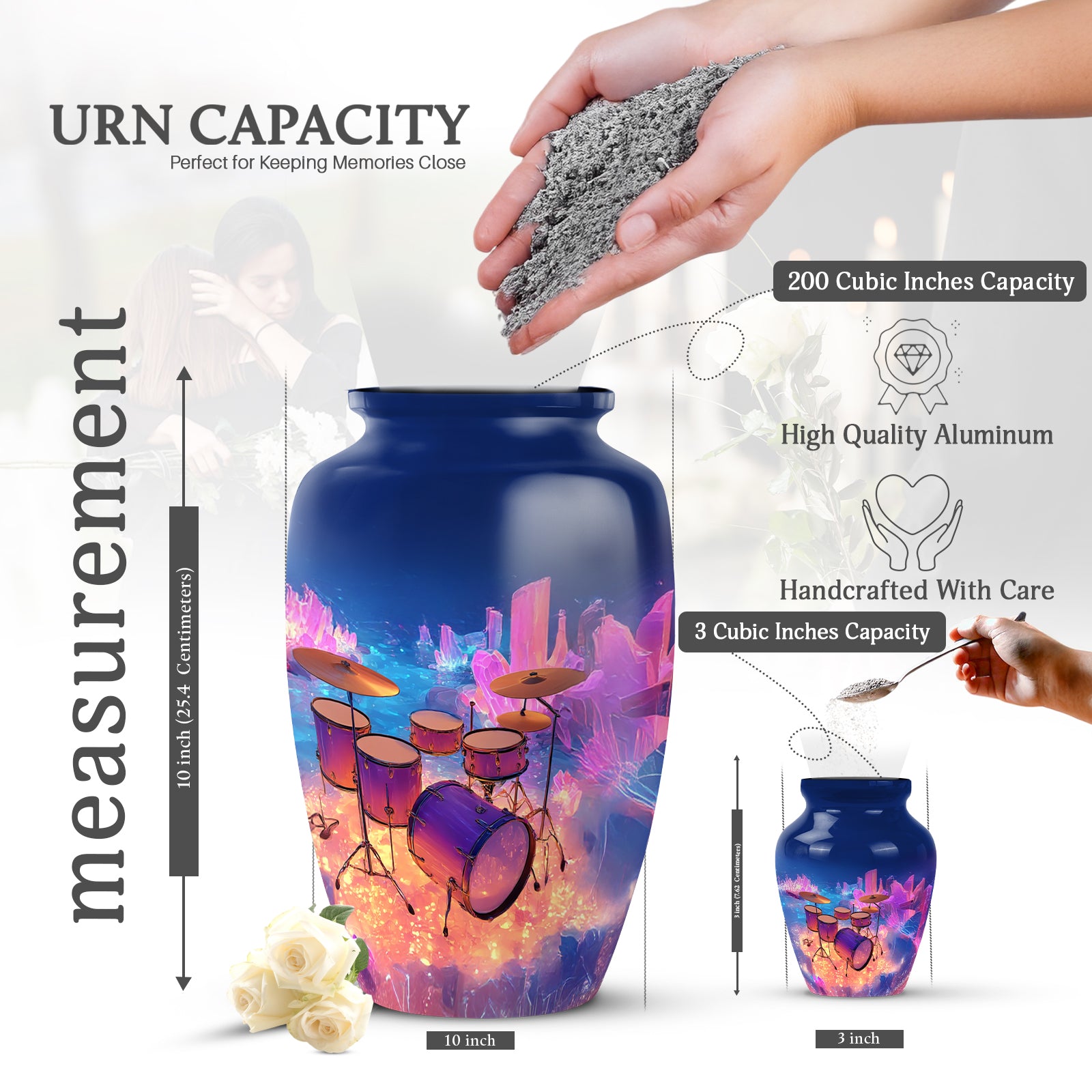 Indigo Drums Cremation Urn close-up of engraving and surface detail - timeless drums motif etched into premium metal - mini keepsake memorial for portion of cremation ashes