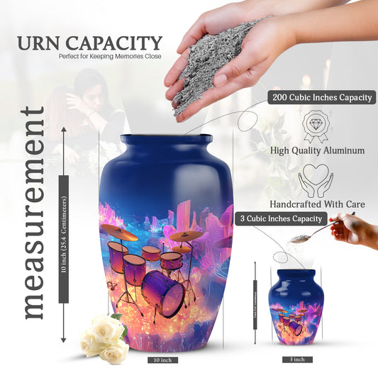 Indigo Drums Cremation Urn close-up of engraving and surface detail - timeless drums motif etched into premium metal - mini keepsake memorial for portion of cremation ashes