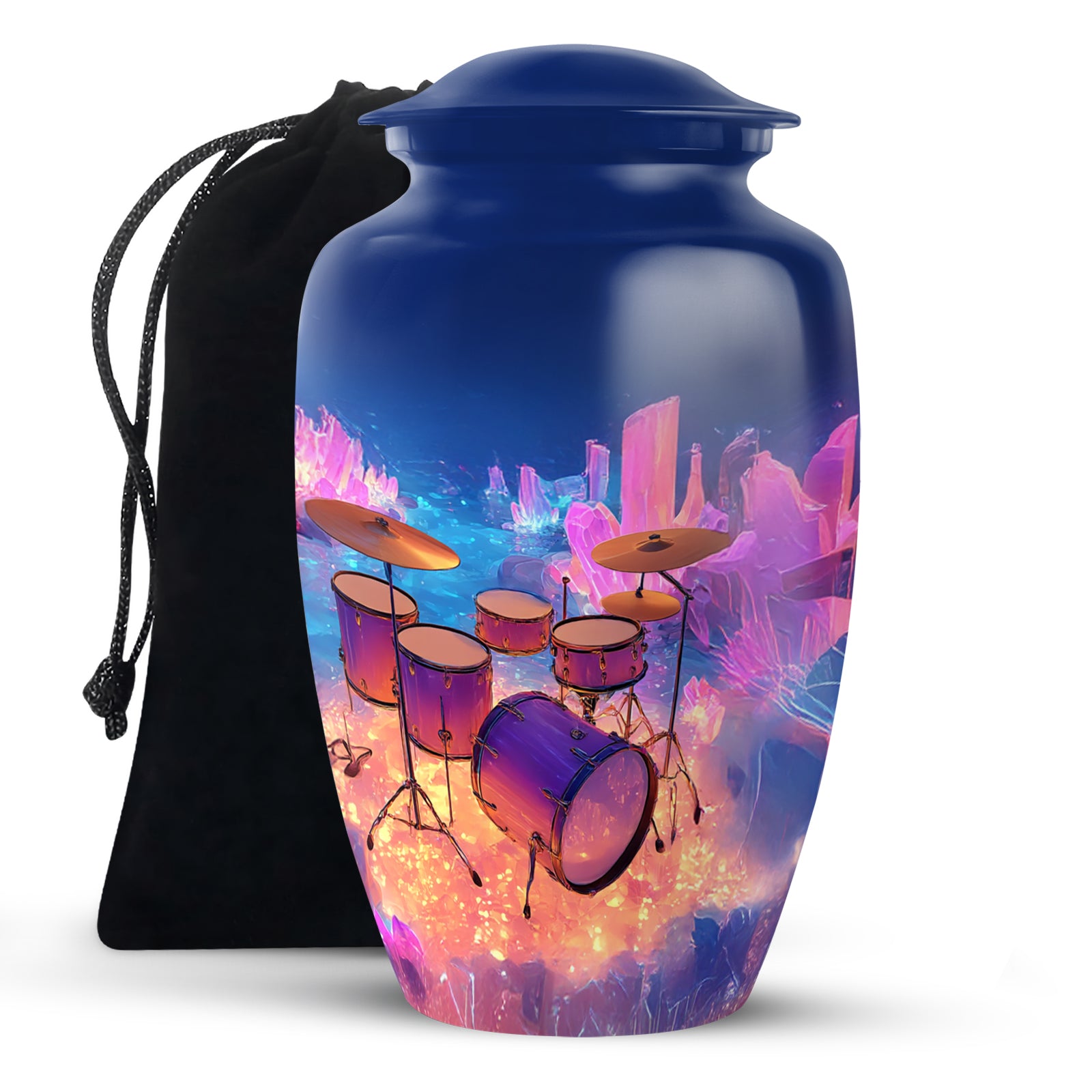 Soft Blue Drums Cremation Urn angled view of lid and engraved motif - traditional drums engraving with hand-polished finish - full-size 10 inch 200 cubic inch adult cremation urn