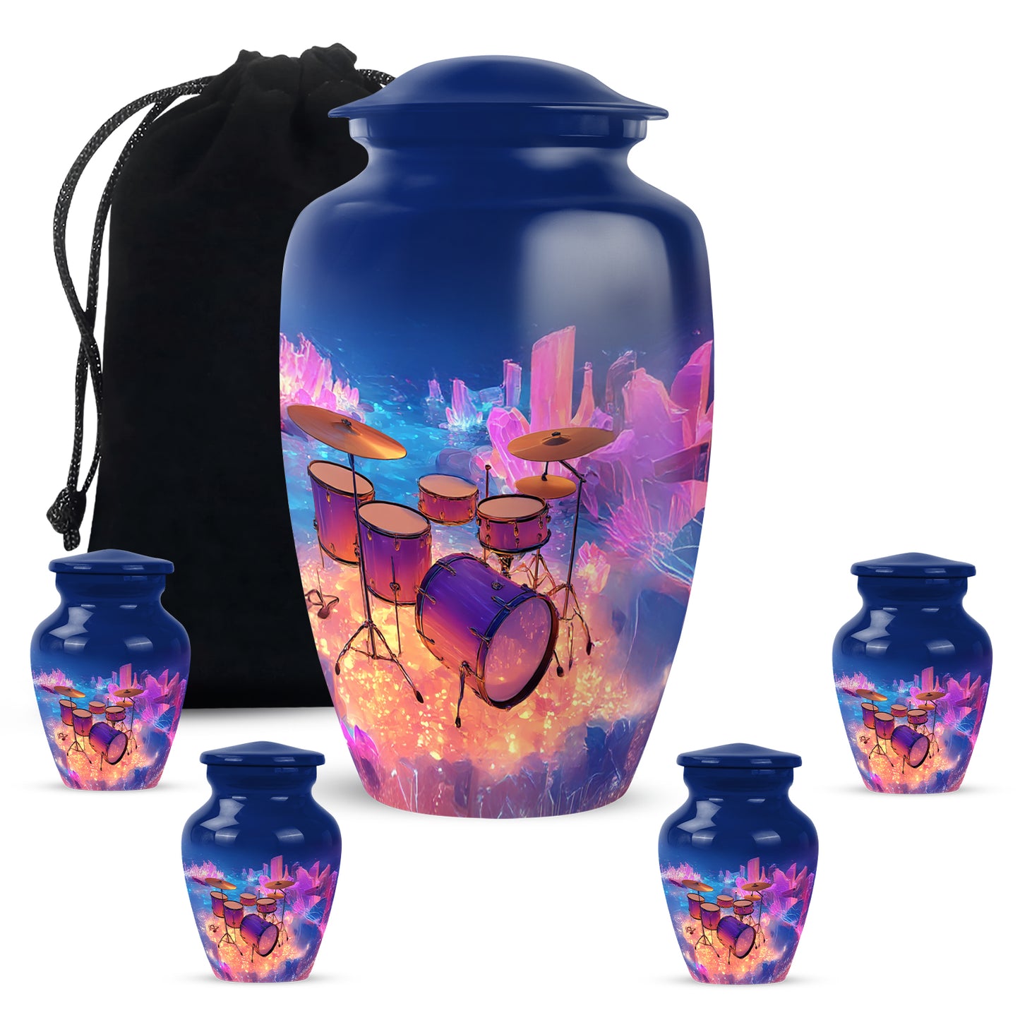Indigo Drums Cremation Urn top-down view of secure threaded lid - timeless drums motif etched into premium metal - memorial set with one large and four small urns