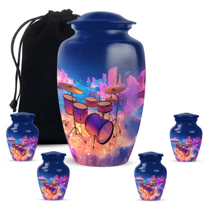 Indigo Drums Cremation Urn top-down view of secure threaded lid - timeless drums motif etched into premium metal - memorial set with one large and four small urns