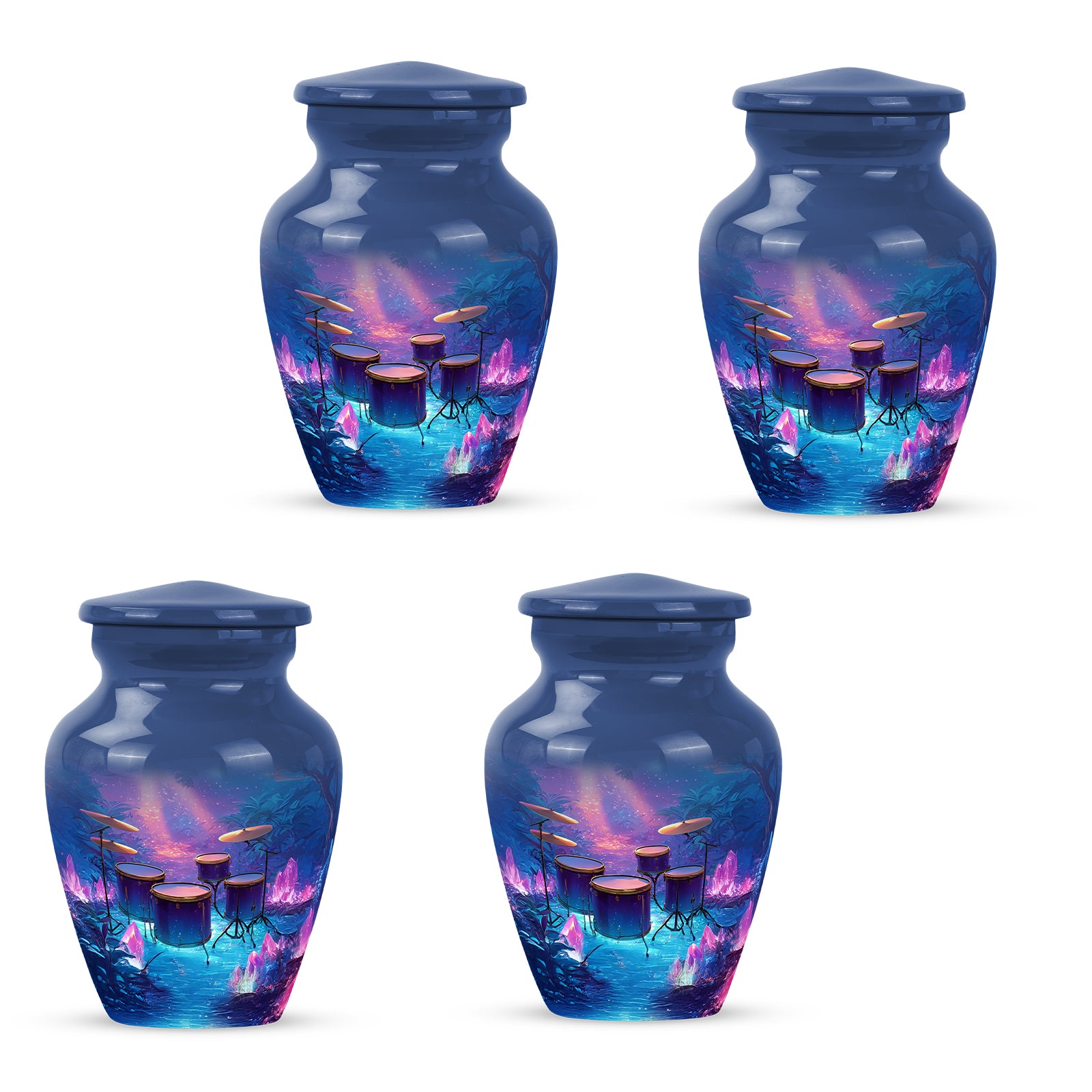 Vivid Blue Drums Cremation Urn side profile showing urn shape - elegant classic drums relief with fine detailing - 10 inch aluminum urn for cremated remains