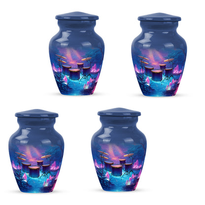 Vivid Blue Drums Cremation Urn side profile showing urn shape - elegant classic drums relief with fine detailing - 10 inch aluminum urn for cremated remains