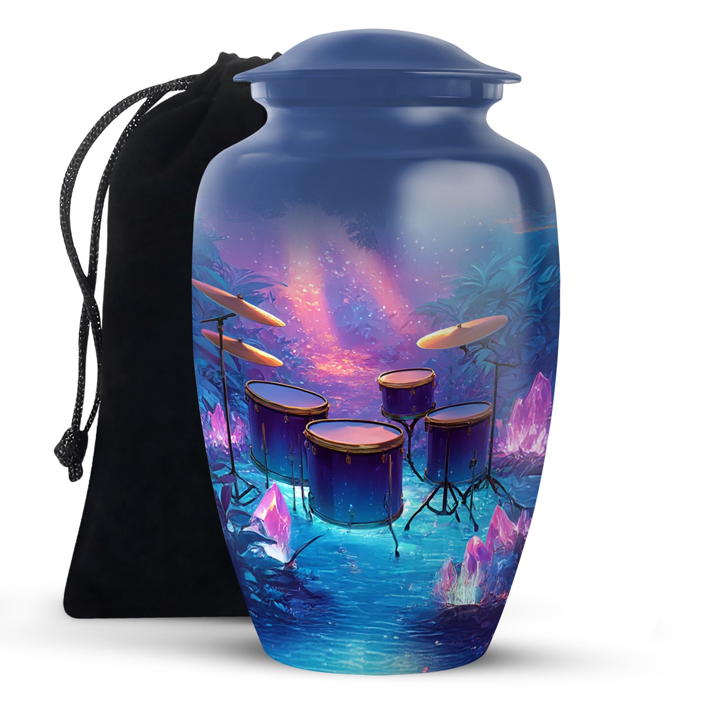 Indigo Drums Cremation Urn angled view of lid and engraved motif - timeless drums motif etched into premium metal - full-size 10 inch 200 cubic inch adult cremation urn