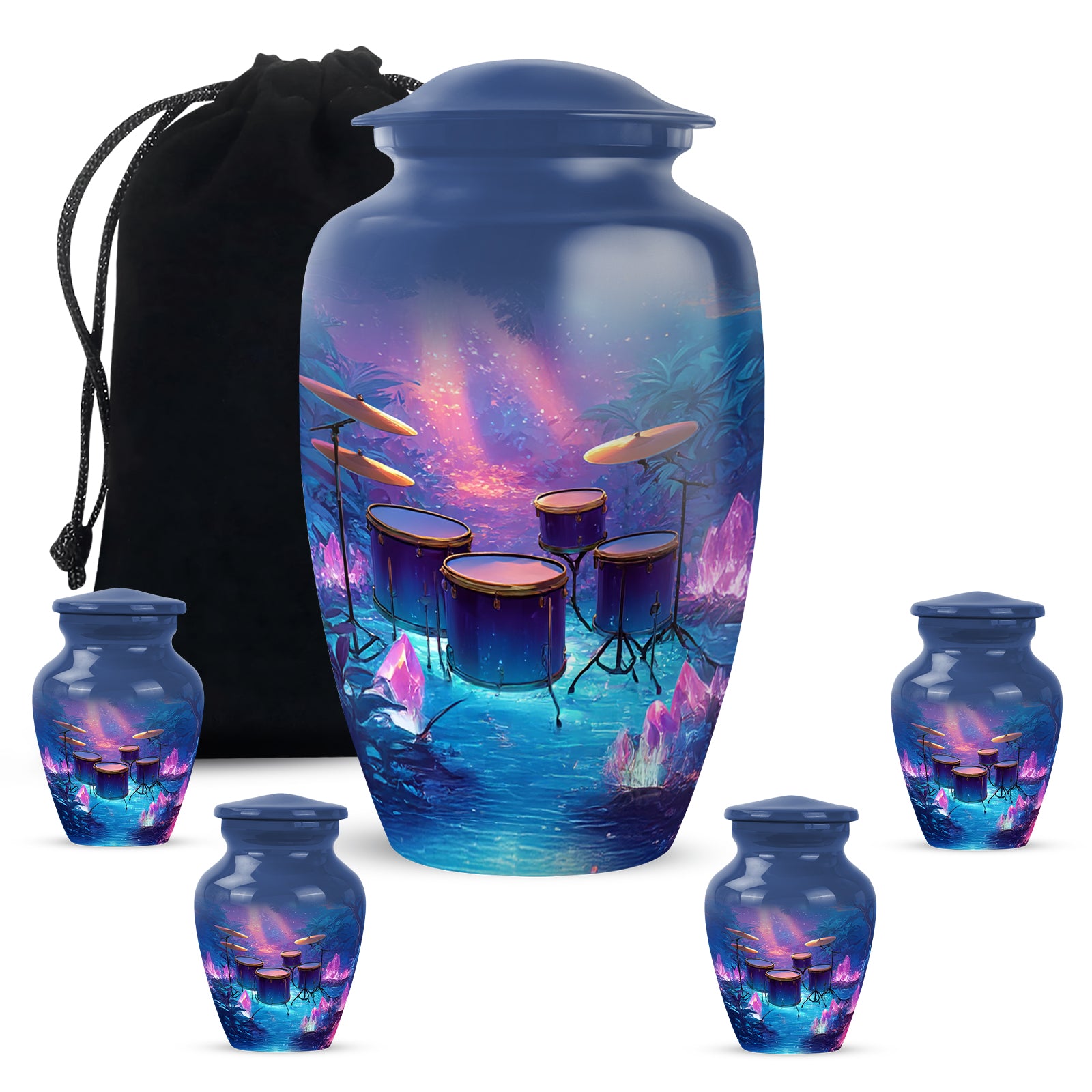Soft Blue Drums Cremation Urn top-down view of secure threaded lid - traditional drums engraving with hand-polished finish - memorial set with one large and four small urns