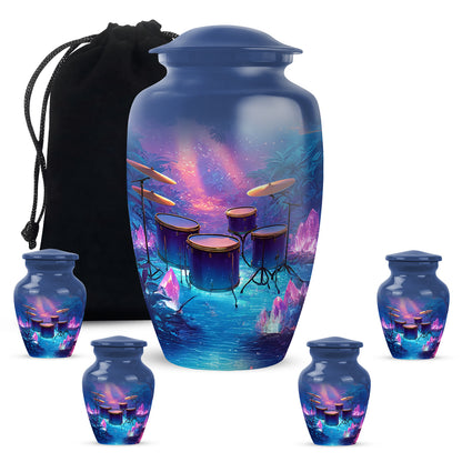 Soft Blue Drums Cremation Urn top-down view of secure threaded lid - traditional drums engraving with hand-polished finish - memorial set with one large and four small urns