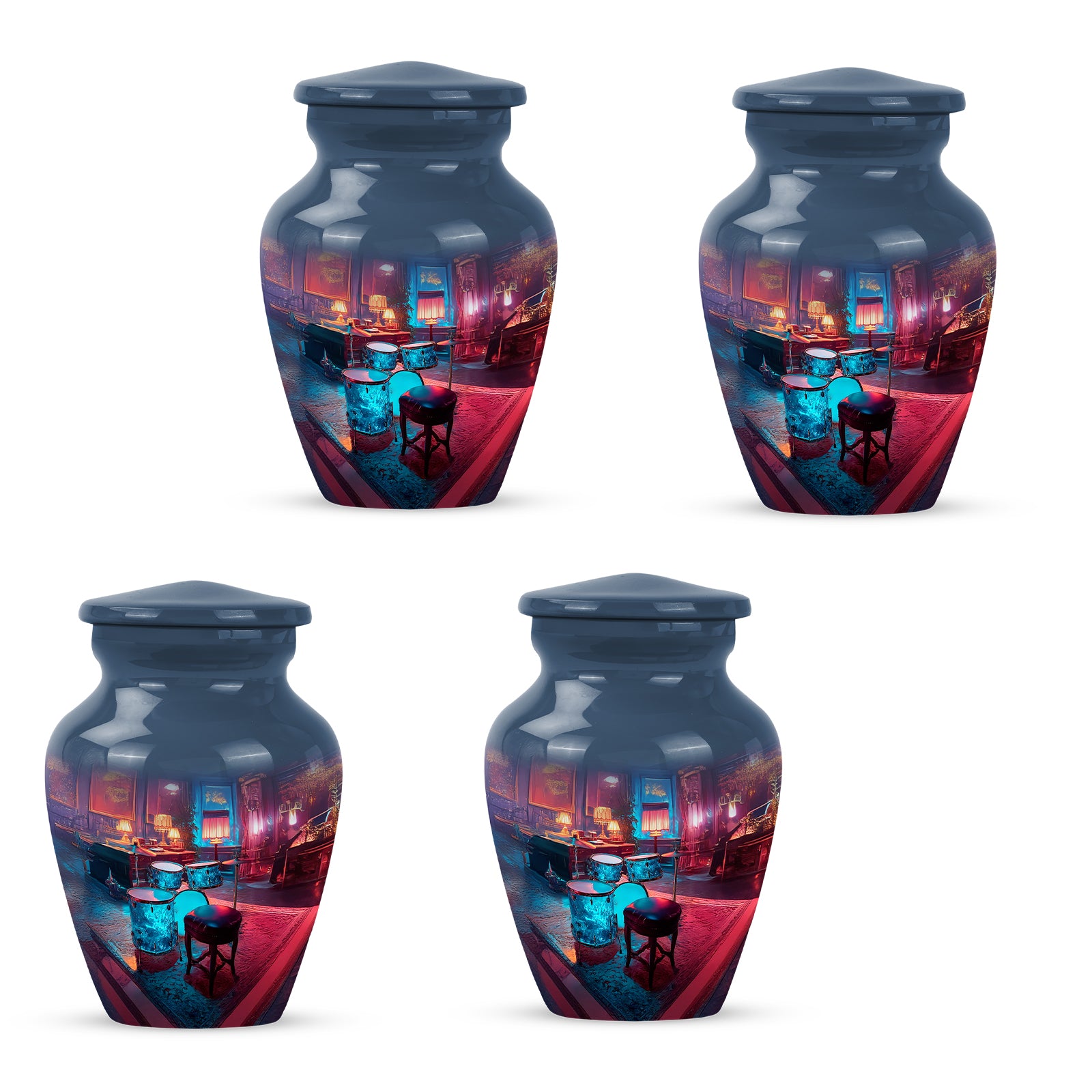 Navy Blue Drums Cremation Urn side profile showing urn shape - classic sculpted drums pattern on smooth aluminum - 10 inch aluminum urn for cremated remains