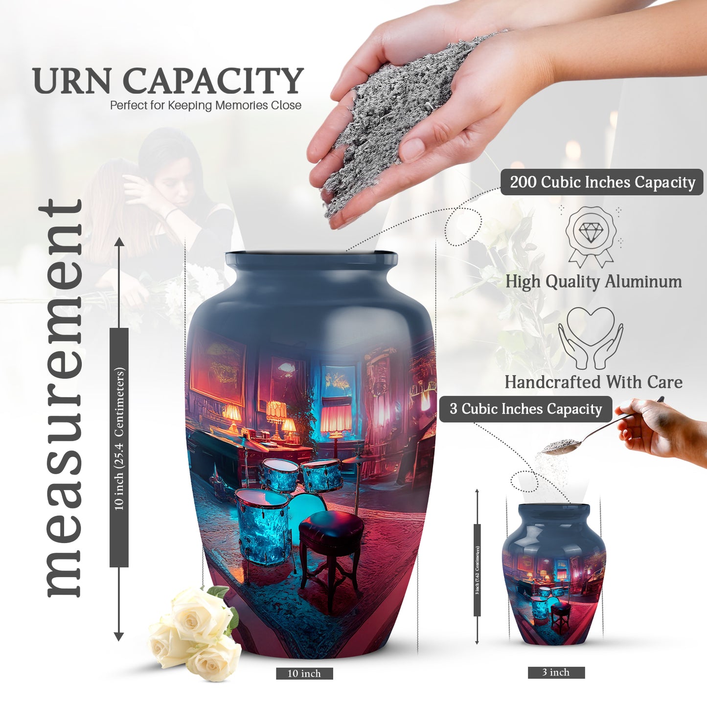 Steel Blue Drums Cremation Urn close-up of engraving and surface detail - elegant classic drums relief with fine detailing - mini keepsake memorial for portion of cremation ashes