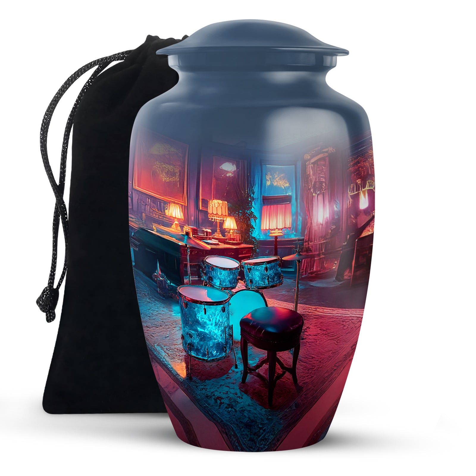 Cornflower Blue Drums Cremation Urn angled view of lid and engraved motif - elegant classic drums relief with fine detailing - full-size 10 inch 200 cubic inch adult cremation urn