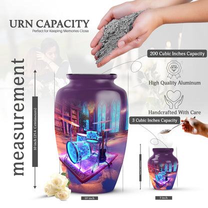 Royal Purple Drums Cremation Urn close-up of engraving and surface detail - traditional drums engraving with hand-polished finish - mini keepsake memorial for portion of cremation ashes