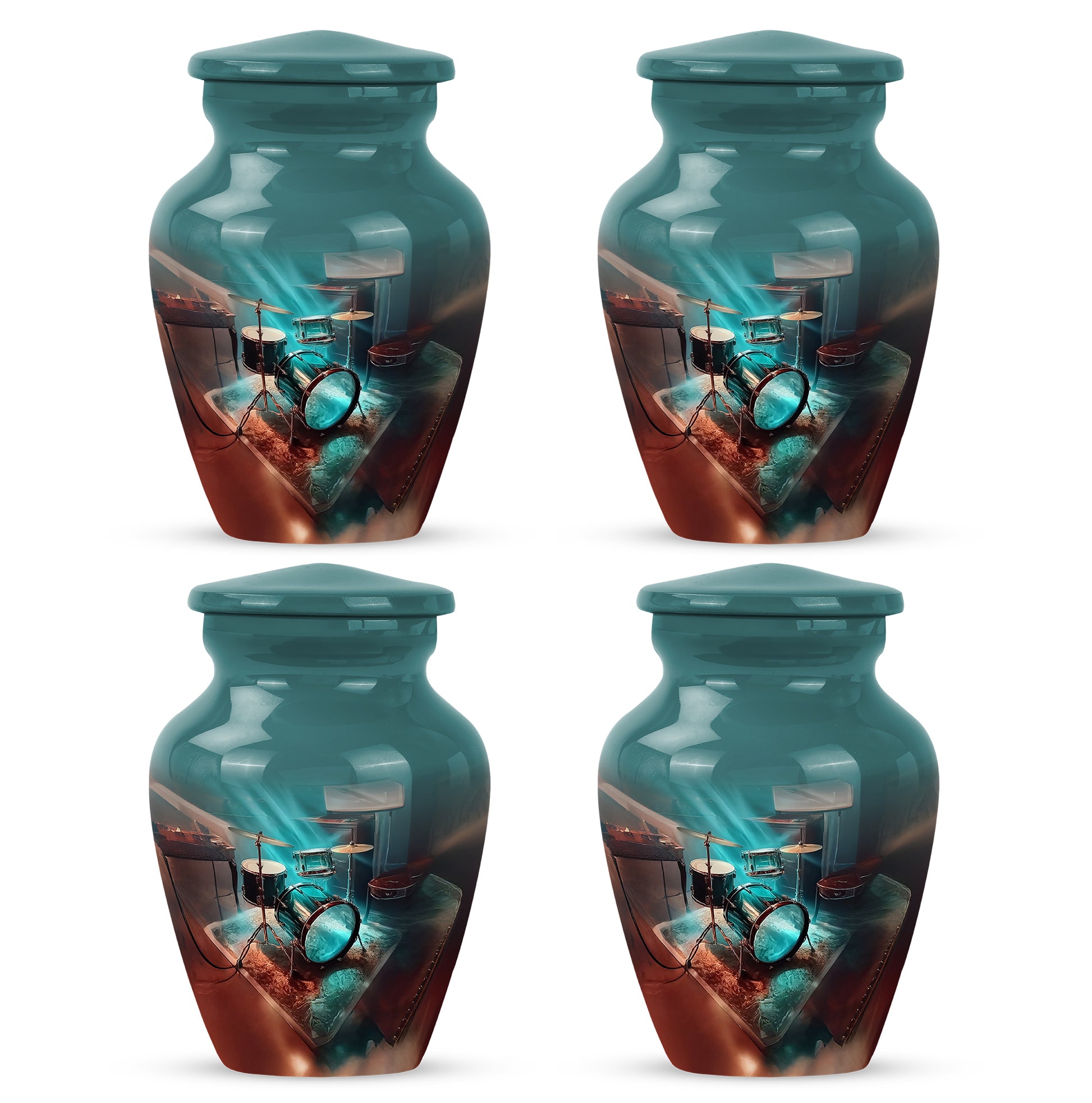 Vivid Teal Drums Cremation Urn side profile showing urn shape - traditional drums engraving with hand-polished finish - 10 inch aluminum urn for cremated remains