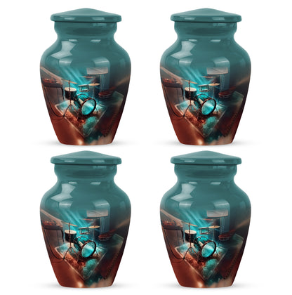 Vivid Teal Drums Cremation Urn side profile showing urn shape - traditional drums engraving with hand-polished finish - 10 inch aluminum urn for cremated remains