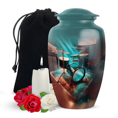 Aqua Teal Drums Cremation Urn angled view of lid and engraved motif - traditional drums engraving with hand-polished finish - full-size 10 inch 200 cubic inch adult cremation urn