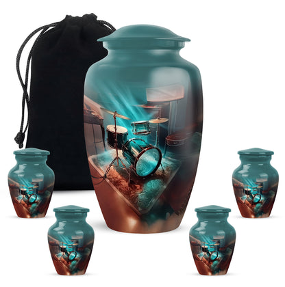Soft Teal Drums Cremation Urn top-down view of secure threaded lid - classic sculpted drums pattern on smooth aluminum - memorial set with one large and four small urns