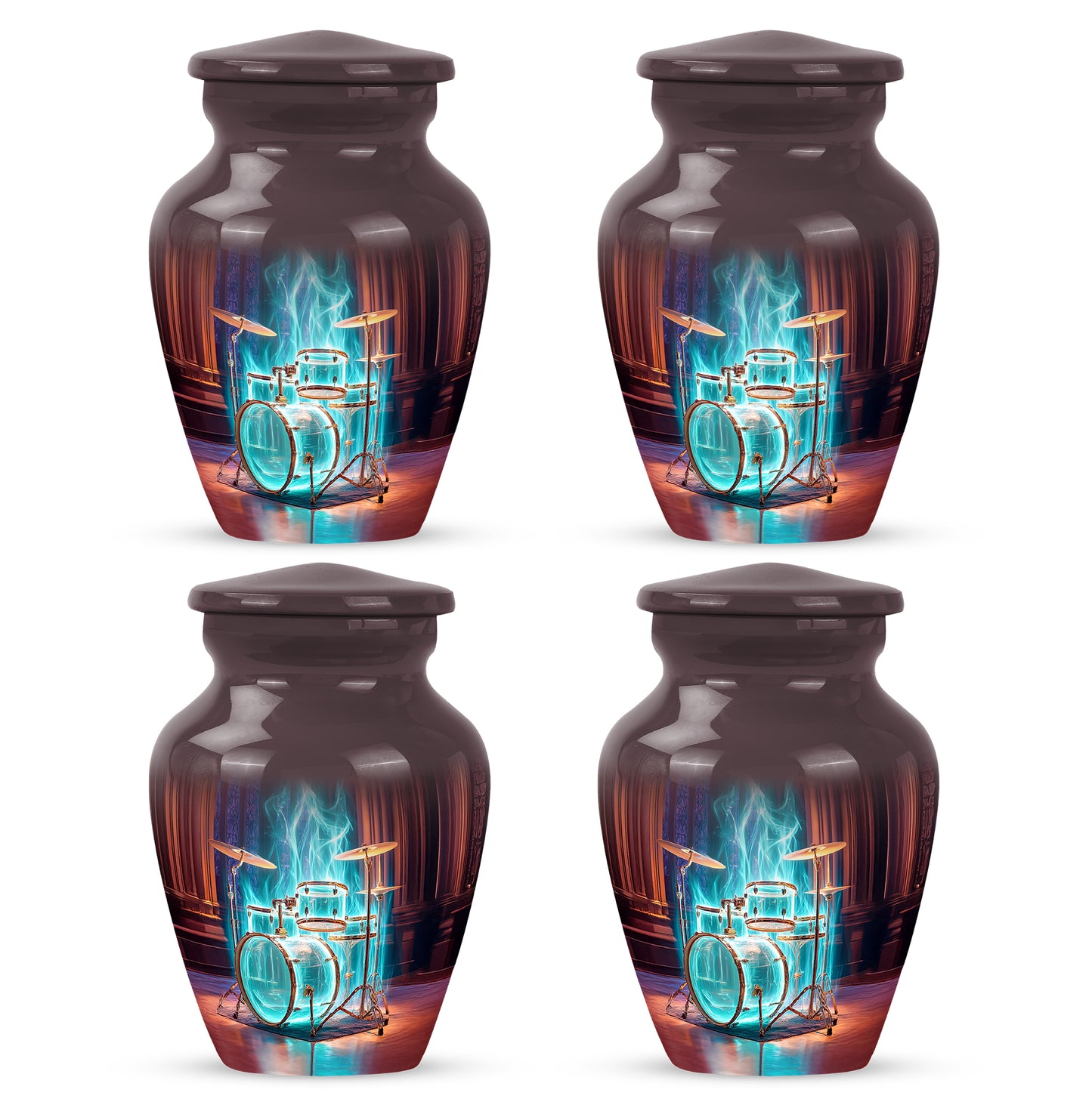 Garnet Red Drums Cremation Urn side profile showing urn shape - classic sculpted drums pattern on smooth aluminum - 10 inch aluminum urn for cremated remains