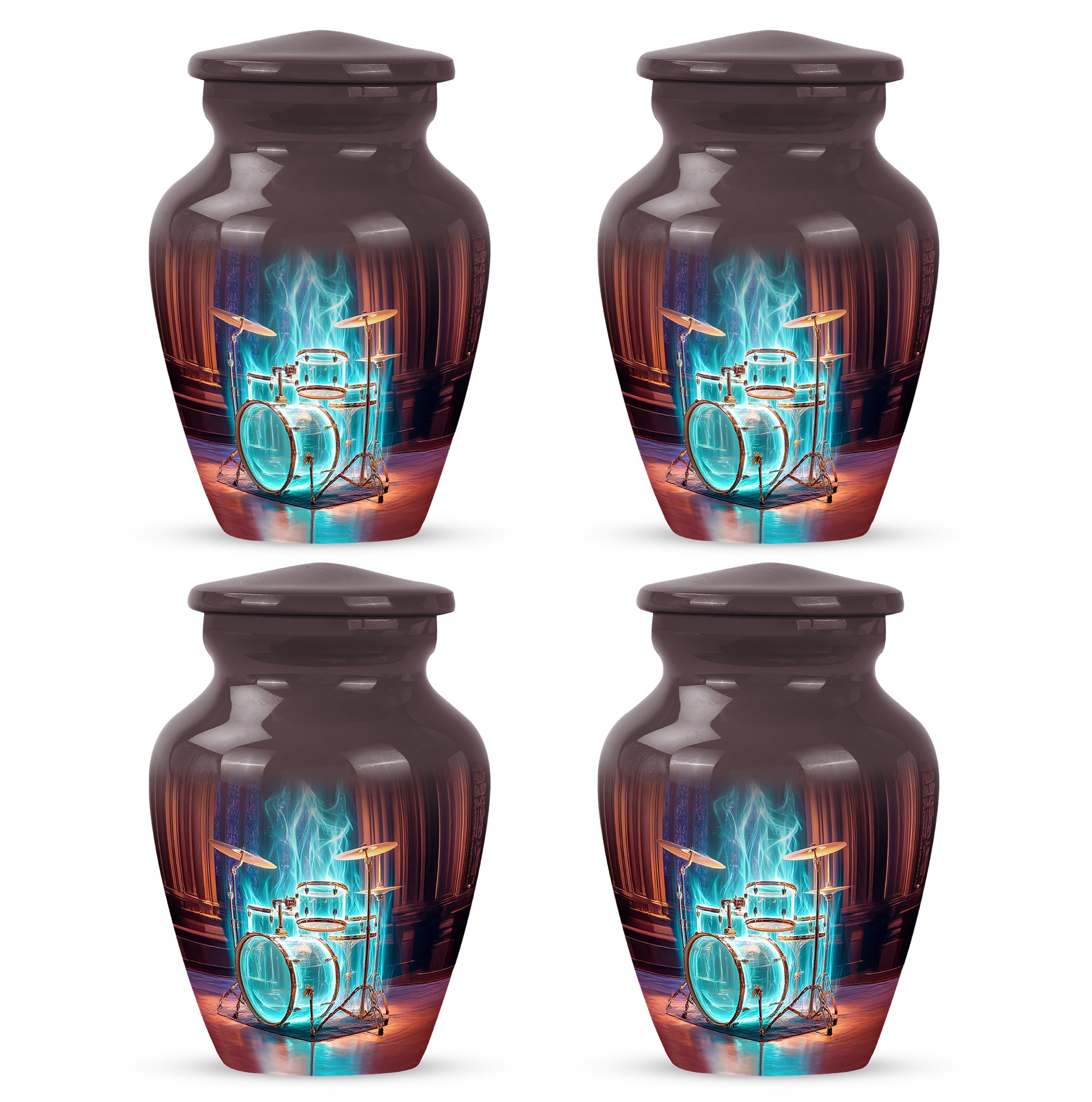 Garnet Red Drums Cremation Urn side profile showing urn shape - classic sculpted drums pattern on smooth aluminum - 10 inch aluminum urn for cremated remains