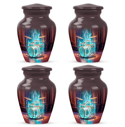 Garnet Red Drums Cremation Urn side profile showing urn shape - classic sculpted drums pattern on smooth aluminum - 10 inch aluminum urn for cremated remains