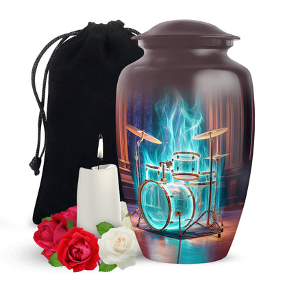Garnet Red Drums Cremation Urn angled view of lid and engraved motif - classic sculpted drums pattern on smooth aluminum - full-size 10 inch 200 cubic inch adult cremation urn