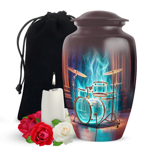 Garnet Red Drums Cremation Urn angled view of lid and engraved motif - classic sculpted drums pattern on smooth aluminum - full-size 10 inch 200 cubic inch adult cremation urn