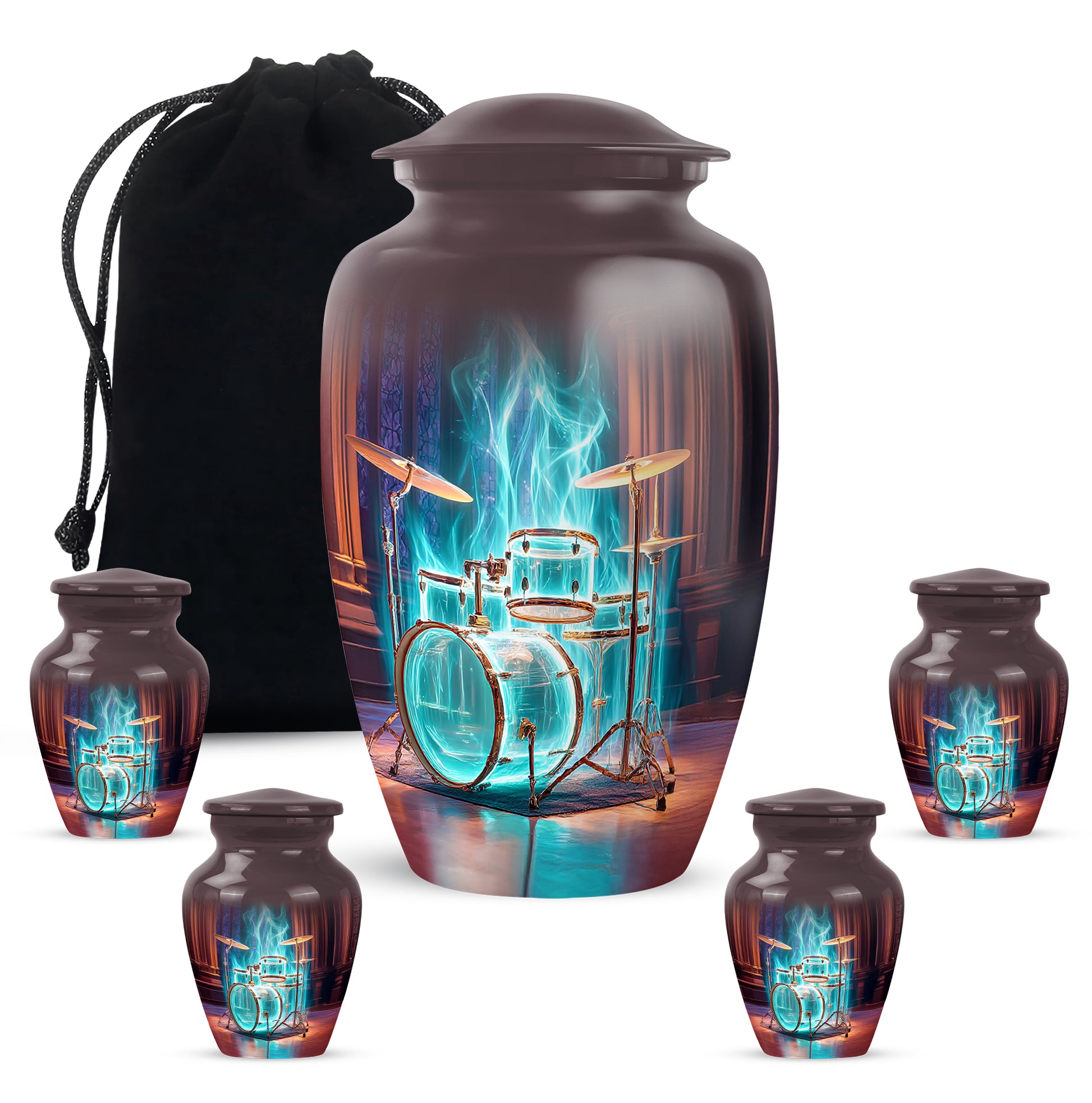 Fiery Red Drums Cremation Urn top-down view of secure threaded lid - elegant classic drums relief with fine detailing - memorial set with one large and four small urns