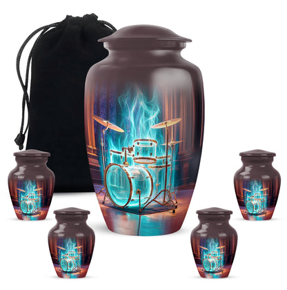 Fiery Red Drums Cremation Urn top-down view of secure threaded lid - elegant classic drums relief with fine detailing - memorial set with one large and four small urns