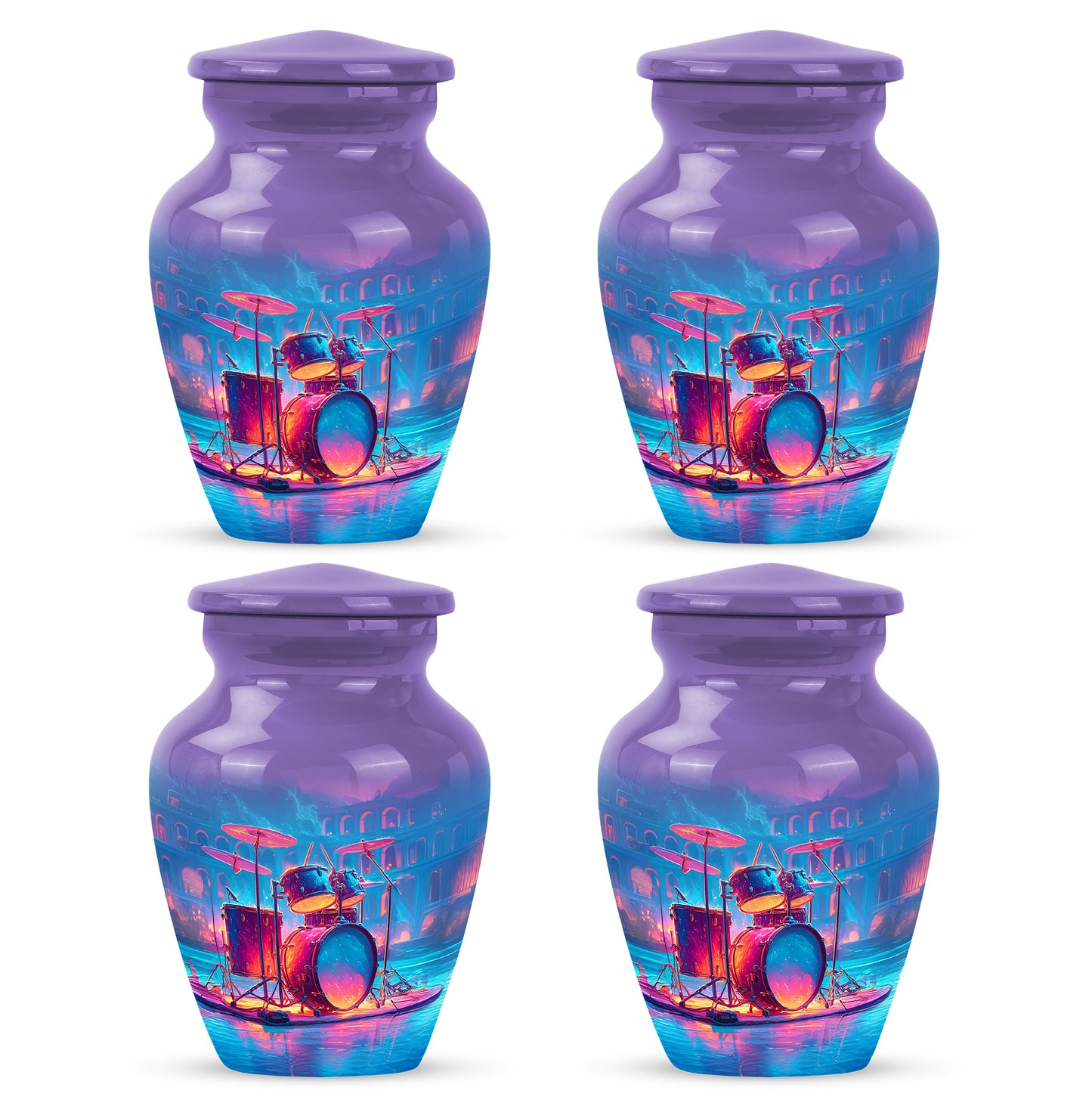 Orchid Purple Drums Cremation Urn side profile showing urn shape - classic sculpted drums pattern on smooth aluminum - 10 inch aluminum urn for cremated remains