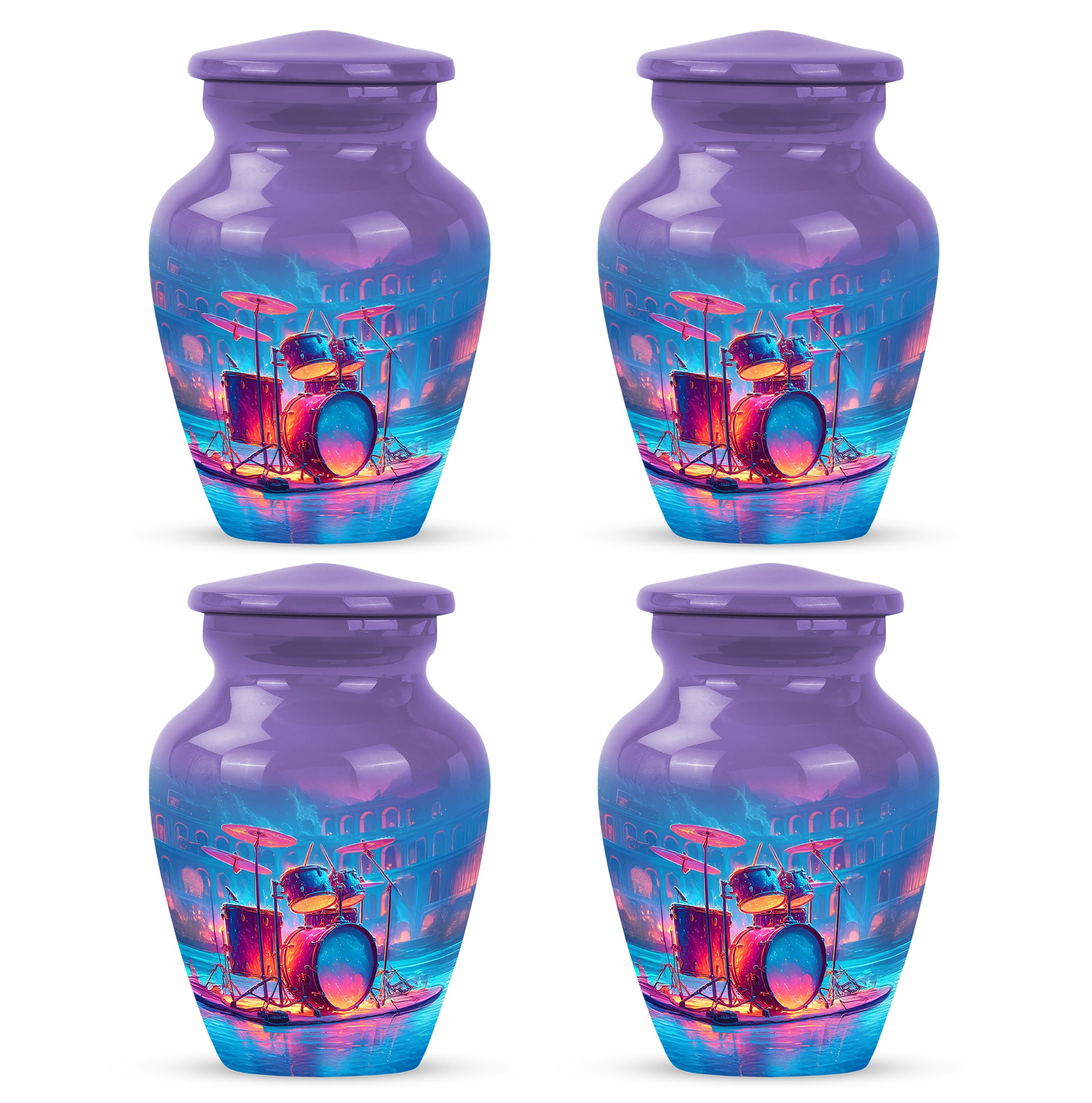 Orchid Purple Drums Cremation Urn side profile showing urn shape - classic sculpted drums pattern on smooth aluminum - 10 inch aluminum urn for cremated remains