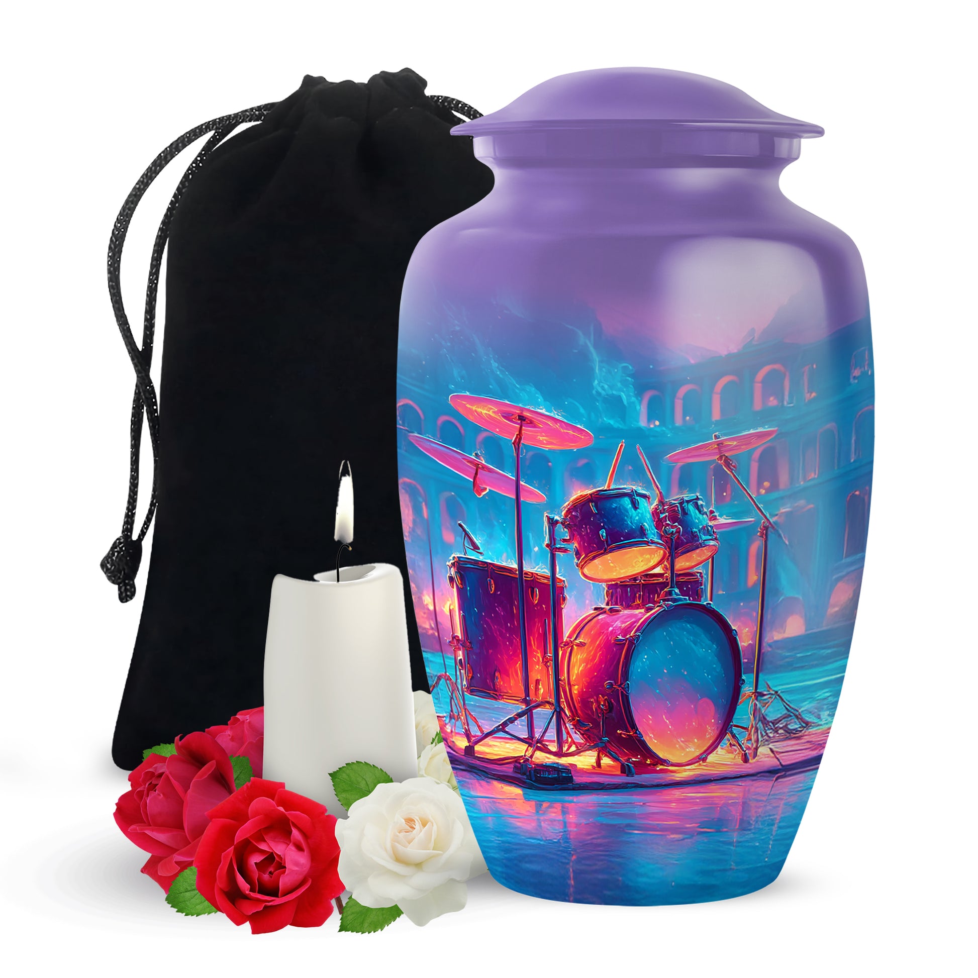Grape Purple Drums Cremation Urn angled view of lid and engraved motif - traditional drums engraving with hand-polished finish - full-size 10 inch 200 cubic inch adult cremation urn